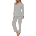 thumbnail image 5 of Women's Pajama Set Long Sleeve V-Neck Top and Wide-Leg Pants Casual Set, 5 of 8