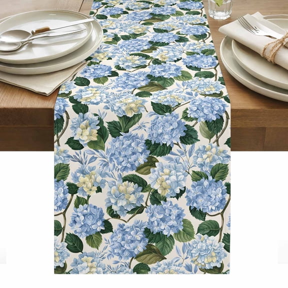 Blue Spring Floral Table Runner - 108 Inch Long, Kitchen Dining Table Runner Dresser Scarves, Watercolor Flowers Pastoral Farmhouse Decor for Coffee Tables Wedding Party Banquet