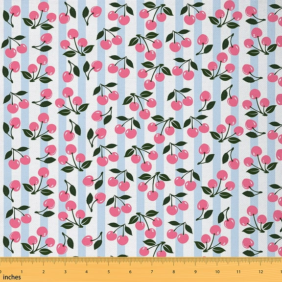 Homewish Sweet Cherry Fabric by the Yard 1 Yard,Abstract Geometric Lines Home Decor Fabric by the Yard,Blue Pink White Sewing Fabric For Girl,Super Cozy Room Decor