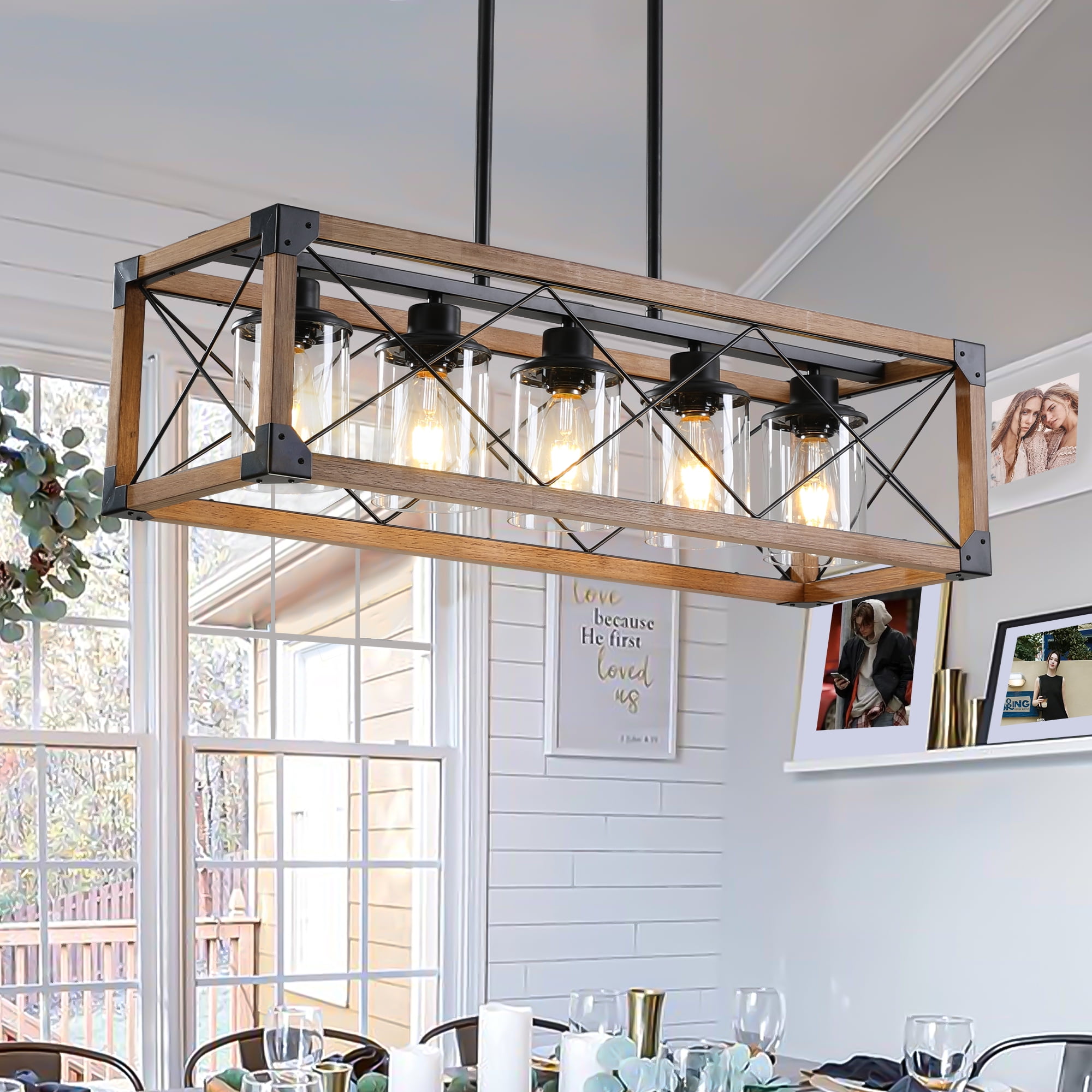 5-Light Farmhouse Chandelier for Kitchen Island, Rustic Hanging Lights Fixture with Clear Glass Shades, Adjustable Height Wood and Metal Fixture for Dining Room, Foyer, Entryway, Walnut Finish