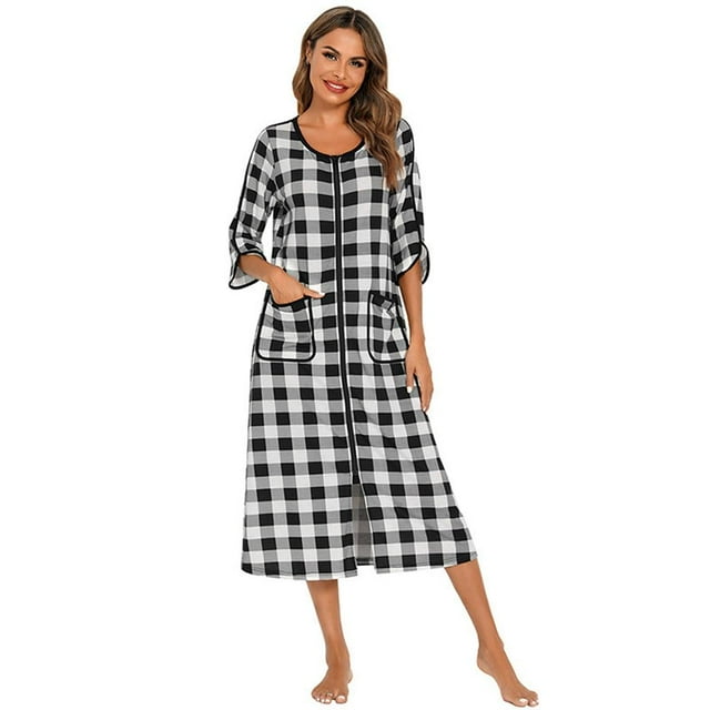 Bangus Women Robe Zipper Front House Coat 3/4 Sleeve Nightgown Full Length Ladies Lounge Dress with Pockets S-2XL