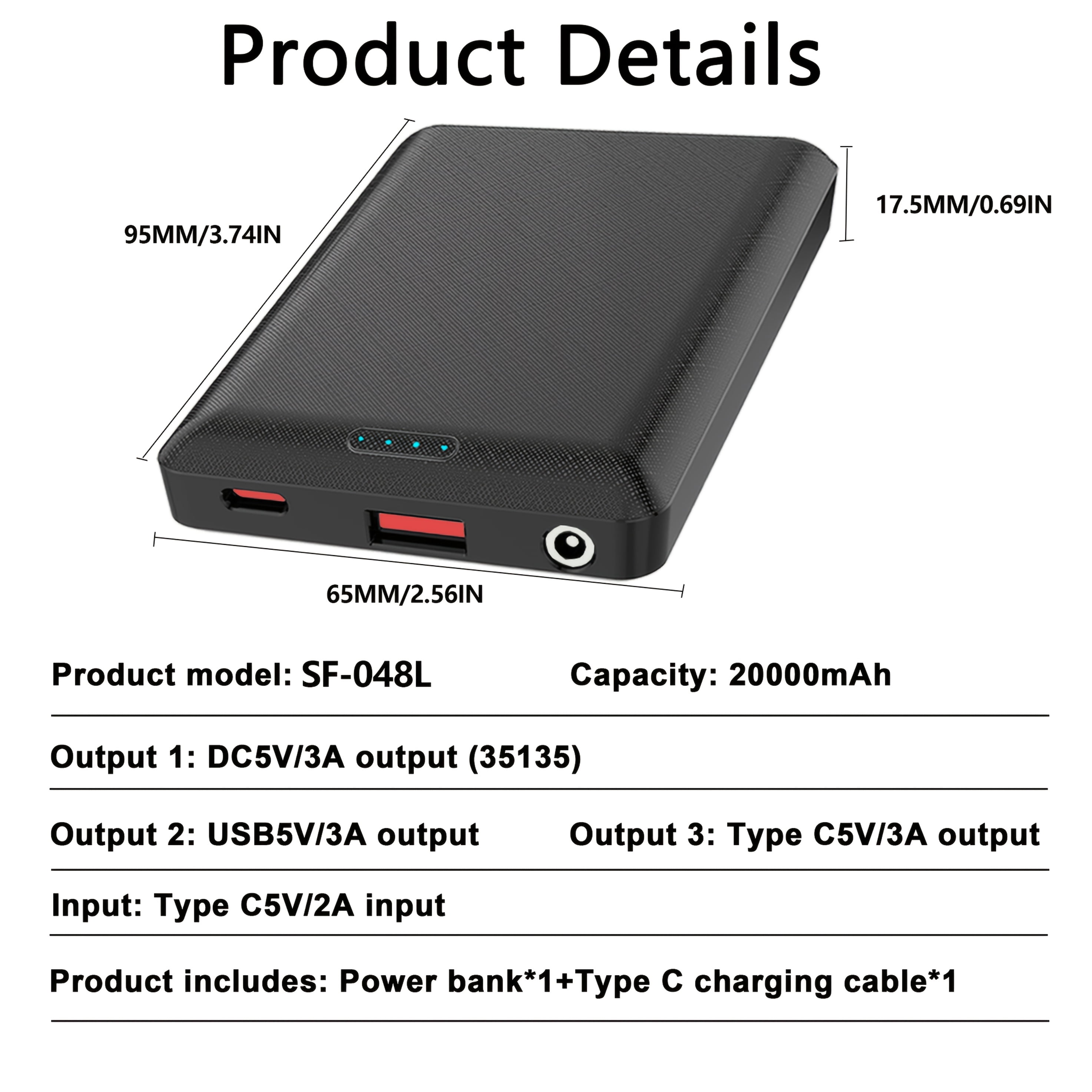 5000/20000mAh Power Bank Portable Charge DC5V 3A Output USB Output Type C Output Portable Charger Phone External Battery Pack for Heating Vest Jacket Scarf Gloves Electric Heating Equipment(1pc/2pcs)