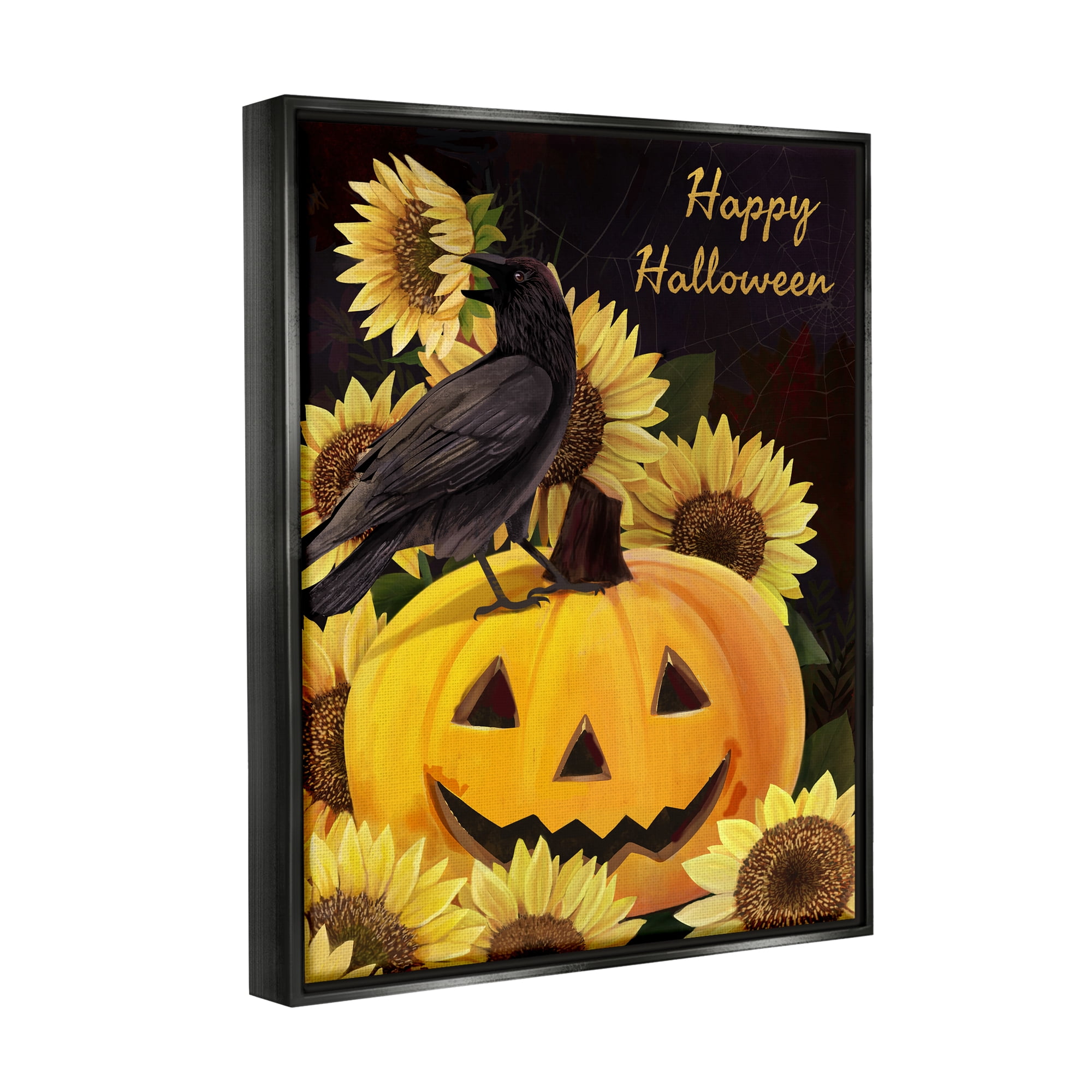 Stupell Industries Crow on Jack-o-Lantern Holiday Painting Black Floater Framed Art Print Wall Art, 25 x 31