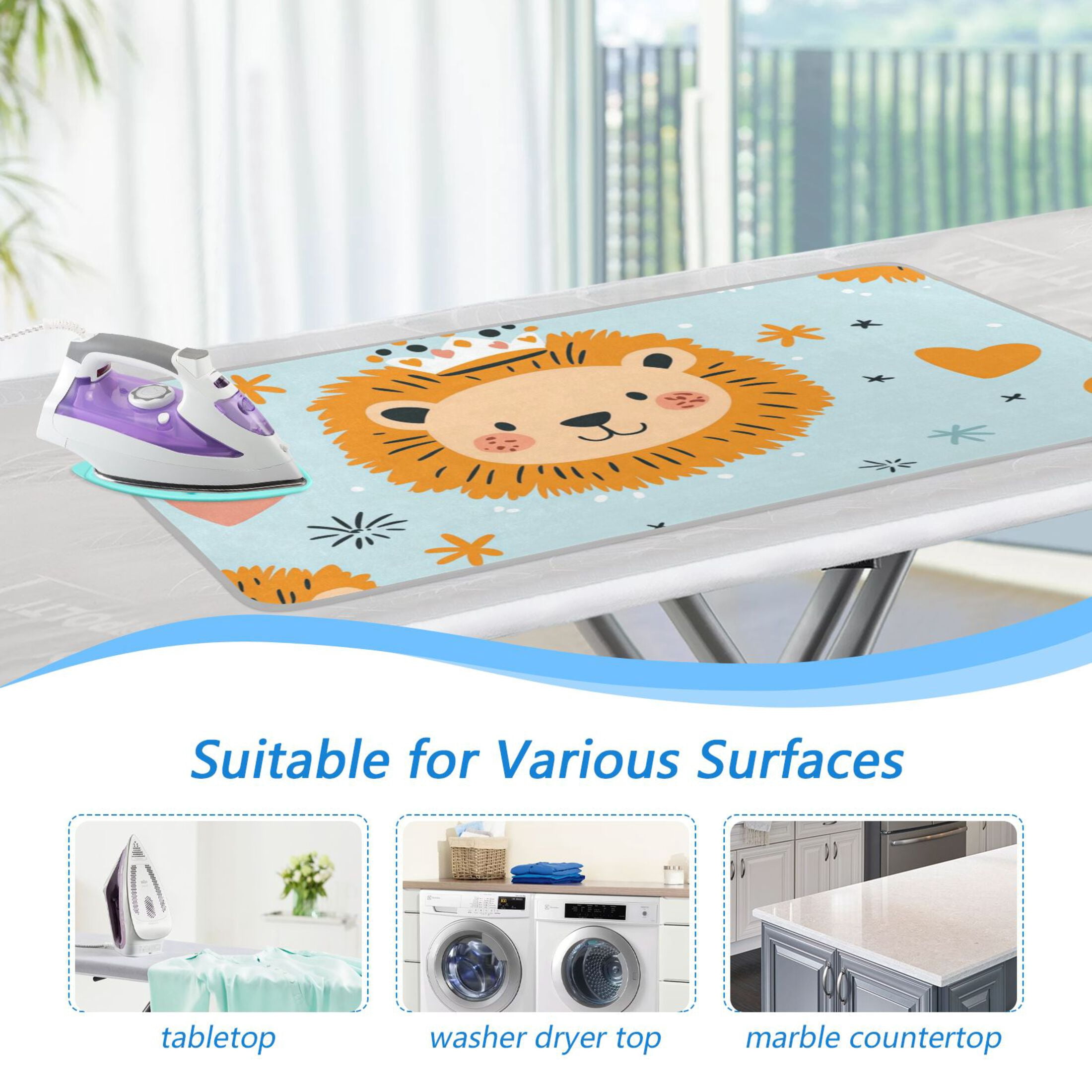 Cartoon Lions with Crowns Stars Hearts Ironing Mat Blanket Portable Travel Ironing Pad Heat Resistant Pad 47.2" x 27.6”