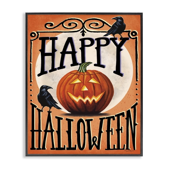 Stupell Industries Happy Halloween with Crows Quotes and Sayings Painting Black Framed Art Print Wall Art, 11 x 14