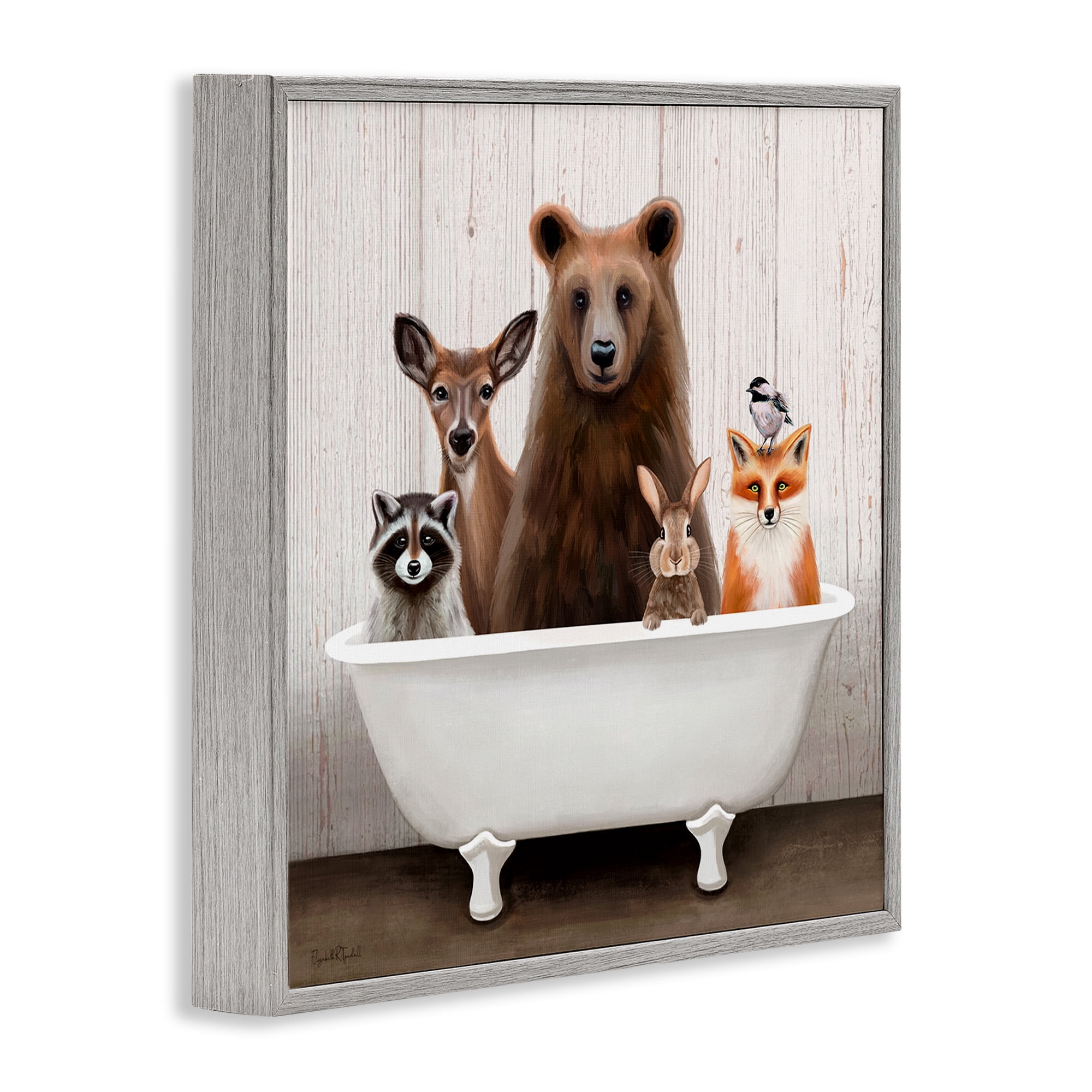 Woodland Creatures Antique Bathtub Gray Framed Giclee Art, 24 x 24
