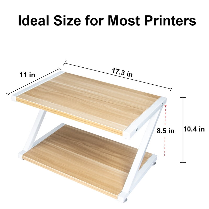 Heavy Duty 2 Tier Wood Desktop Printer Stand, Under Desk Organizer Table with Storage Shelves for Fax Machine Scanner, Home Office Equipment Rack with Adjustable Anti-Skid Feet