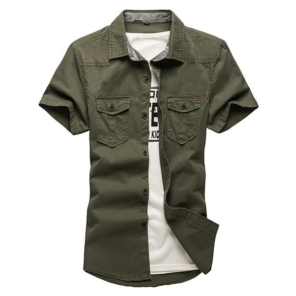 LIIPEE Men Shirts Casual Summer Fashion Solid Color Short Sleeve Lapel Cargo Shirt Male Slim Fit Buttons Pockets Tops Comfortable Breathable Soft Daily Shirts,Army Green,L