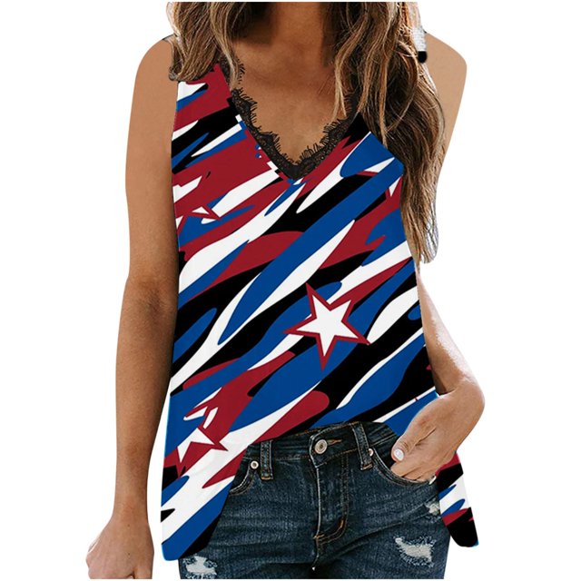 Camiseta Sin Mangas Para Mujer Tops Sin Mangas Encaje Con Cuello en V Patchwork Día de La Independencia Estampado Sin Mangas Blusa Superior Odeerbi ODB167227