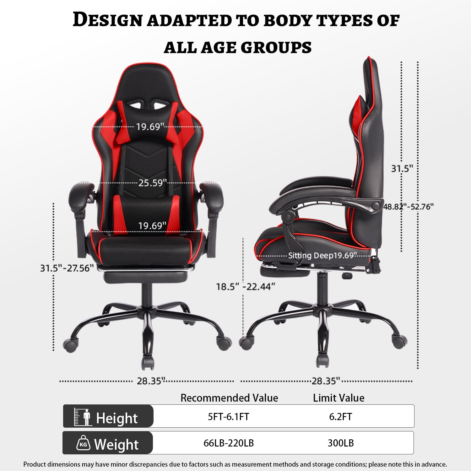 Mintazer Gaming Chairs with Footrest, Massage Leather Game Computer Chair with Headrest and Lumbar Support, E-Sports Chair for Adults Home Office, Black & Red