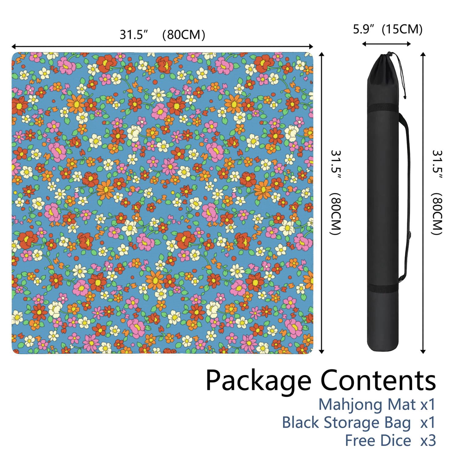 Large Square Floral Rubber Mat for Mahjong 31.5 Inch Game Table Pad Anti-Skid Base Soft Surface Reduces Noise for Tile Games and Game Nights