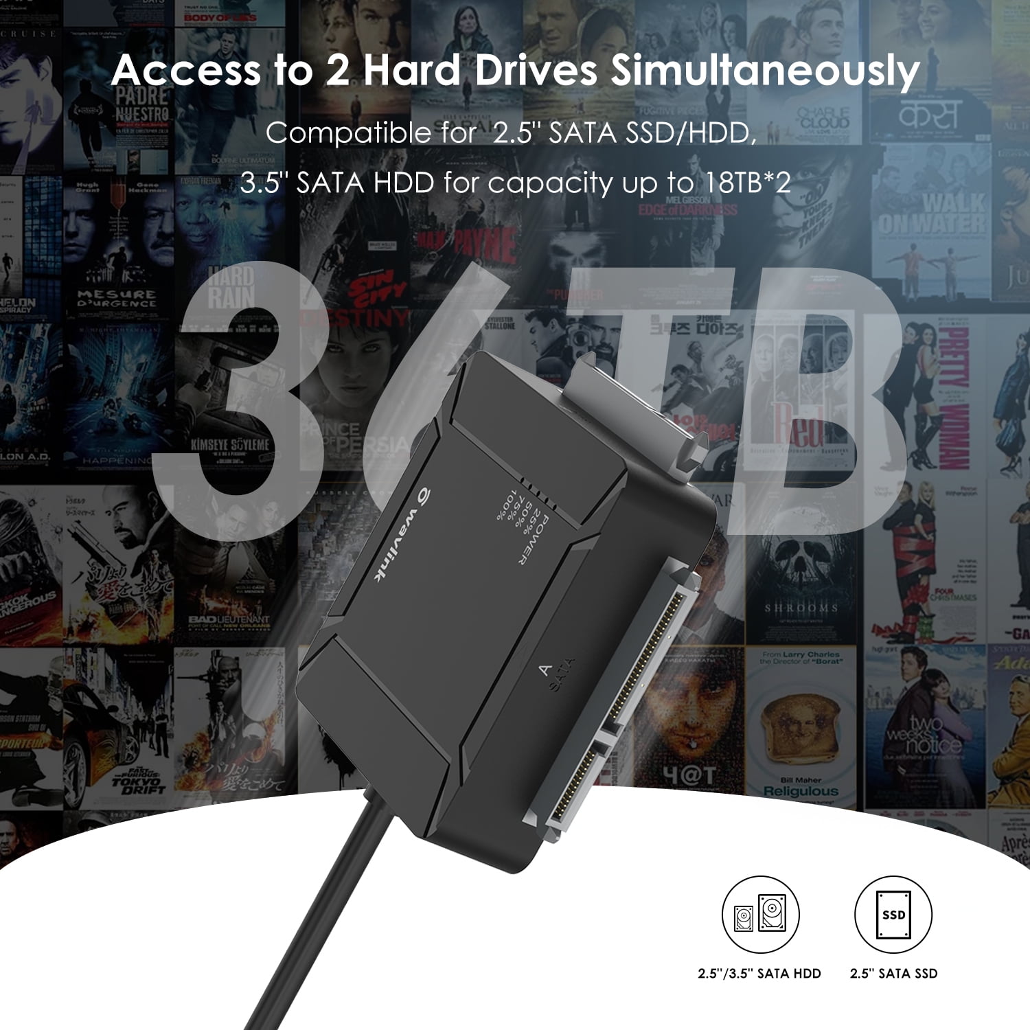 2x18TB USB Adapter, 2.5" 3.5'' SATA External Hard Drive with Offline Cloning for Transfer & Backup