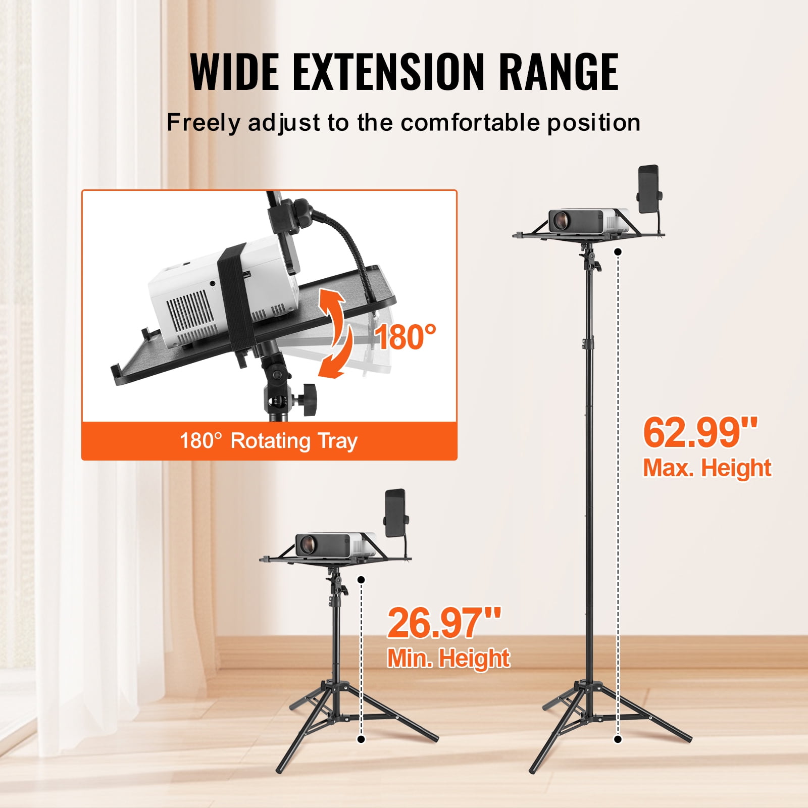 KFFKFF Projector Support, Laptop Stand Tripod with Variable Height ranging from 26.97 to 63 inches, Mobile Projector Tripod Stand featuring Tray & Flexible Phone Mount, suitable for Outdoor Cinema