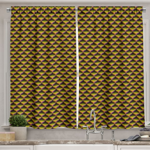 Ambesonne Lattice Kitchen Curtains, 3D Cubes Vibrant Colors, 55"x39", Hot Pink Yellow