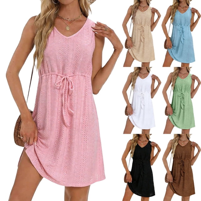 QIUOMBBP Robes Midi à Oeillets pour Femmes Sans Manches à Col Rond Robe Trapèze avec Ceinture Grande Taille Décontractée d'Été Respirante Robe de Plage Kaki XXXXXL