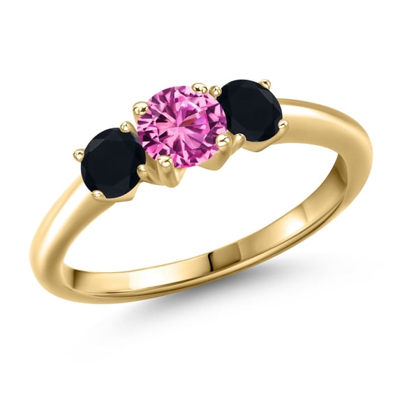 Gem Stone King 10K Yellow Gold Pink Created Sapphire and Black Onyx Engagement Ring for Women | 0.99 Cttw | Round 5MM | Gemstone September Birthstone | Size 9