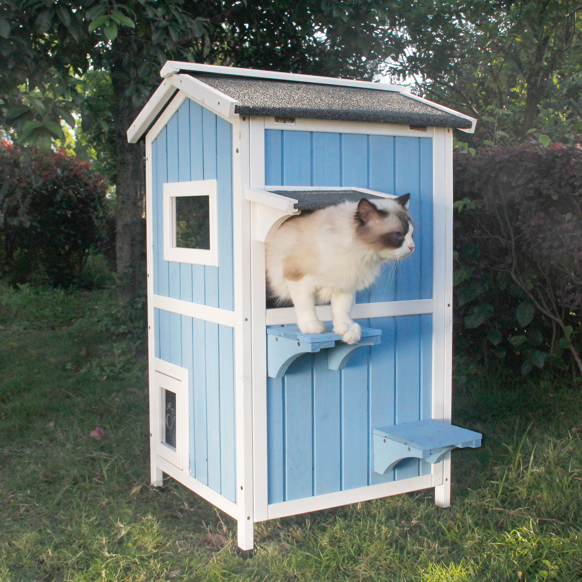 PetsCosset 27.3'' Cat House Outdoor with View Door, Wood Feral Cat