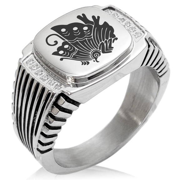 Stainless Steel Taira Ageha Samurai Crest CZ Ribbed Needle Stripe Pattern Biker Style Polished Ring