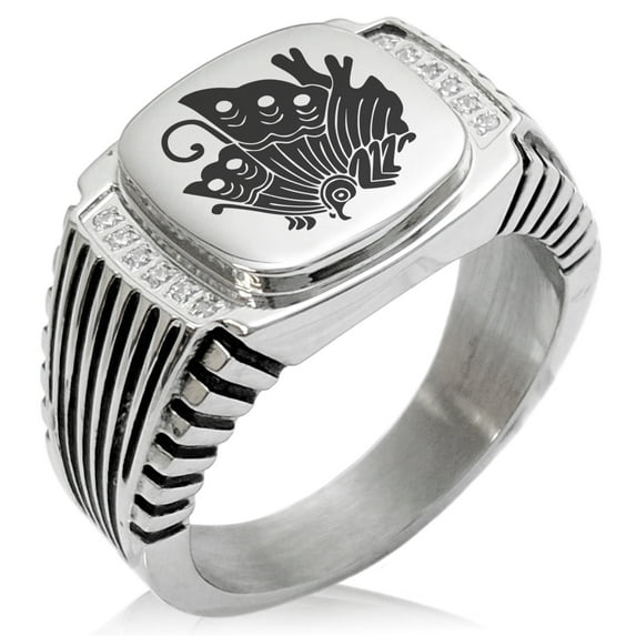 Stainless Steel Taira Ageha Samurai Crest CZ Ribbed Needle Stripe Pattern Biker Style Polished Ring