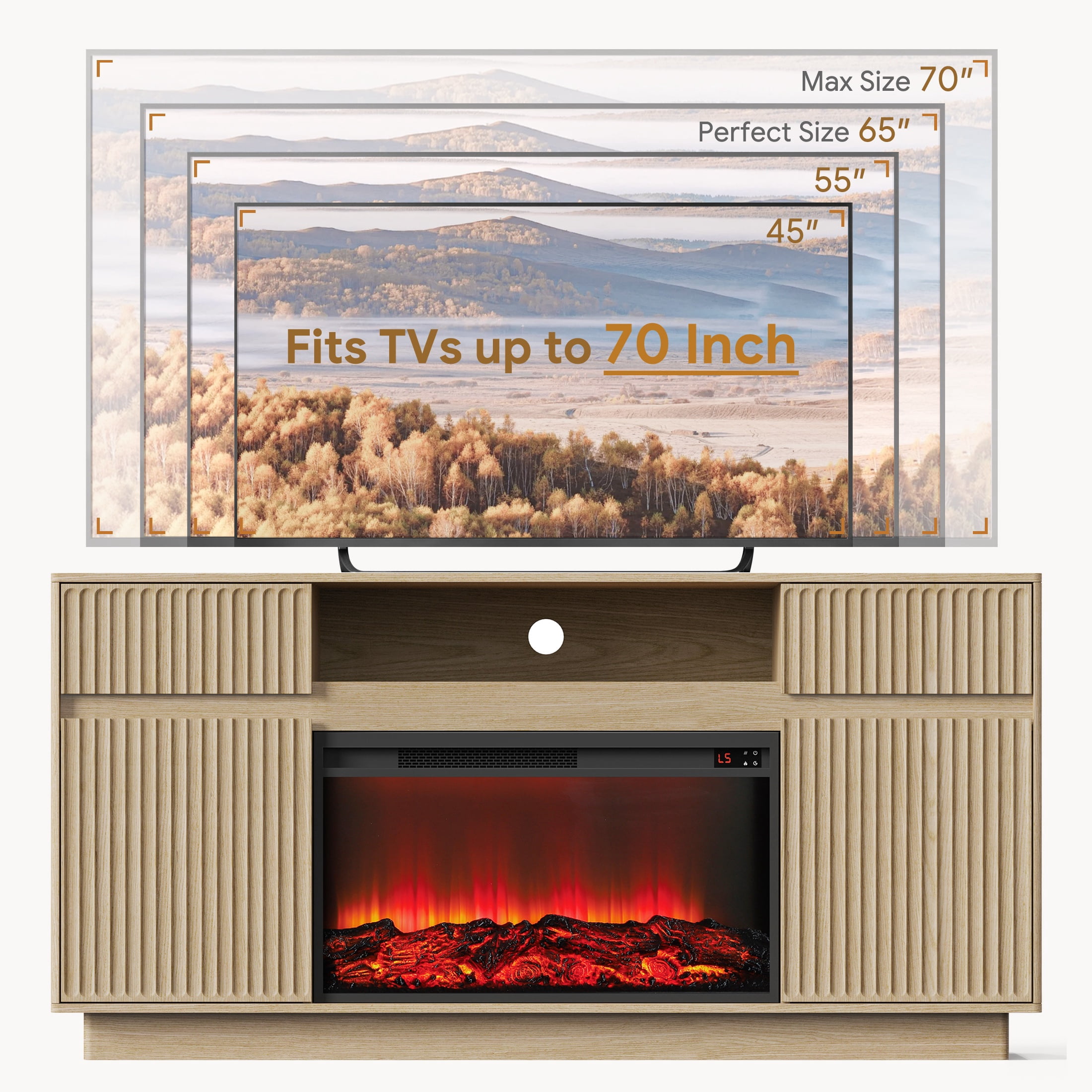PAPROOS Fireplace TV Stand for 70 Inch TV, 64'' Wide Wood TV Cabinet with 30'' Electric Fireplace, Modern Fluted Entertainment Center TV Console Table for Living Room, Natural Oak