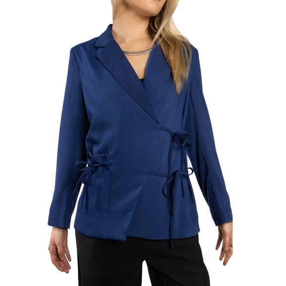 DARING DIVA Women's Elegant Double Tie Wrap Blazer XS Navy Blue