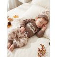 thumbnail image 6 of RUINIXCW Infant Baby Boy Thanksgiving Outfit Fashion Long Sleeve Letters Embroidered Romper with Print Pants, Hat 3Pcs Fall Set, 6 of 9