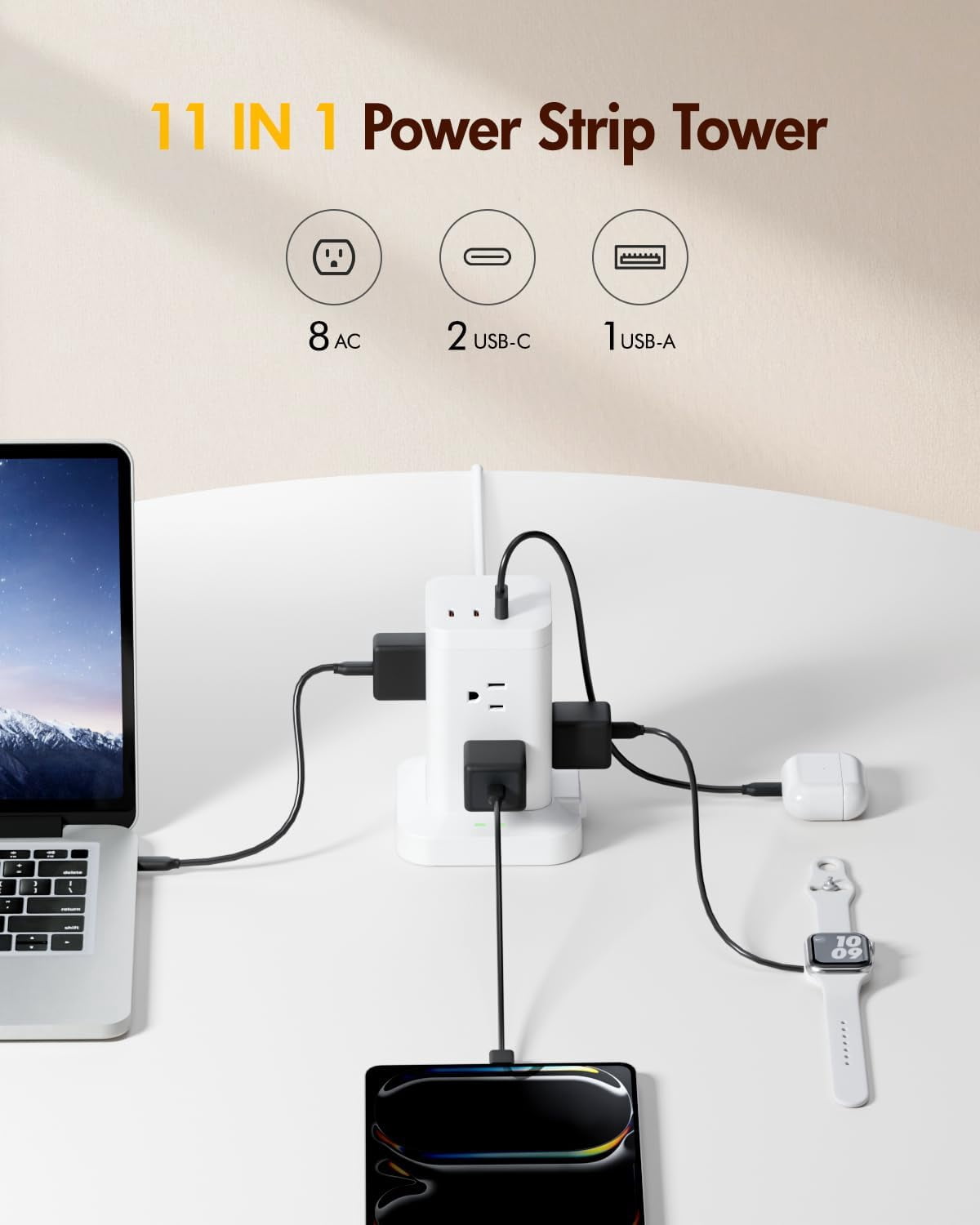 2Pack Tower with Surge Protector 1800J, Fast Charging Tower PD20W USB-C Ports with 8 AC Outlets, 10ft Extension Cord for Home Office Dorm Room, White
