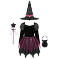 thumbnail image 2 of TiaoBug Kids Girls Halloween Witch Costume Glitter Long Sleeve Dress with Hat Magic Wand And Bag Cosplay Outfits Black 7-8, 2 of 7