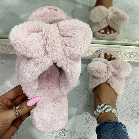

YTJX Women s Fashion Bowknot Warm Pure Color Comfortable Plush Cotton Slippers