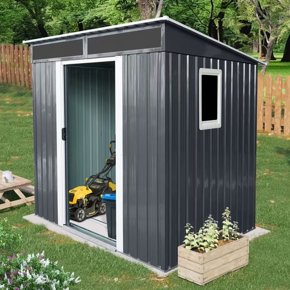 IMagacFun 6x5 Metal Outdoor Storage Shed with Floor Base and Window & Transparent plate for Garden Backyard Patio Lawn Black-White