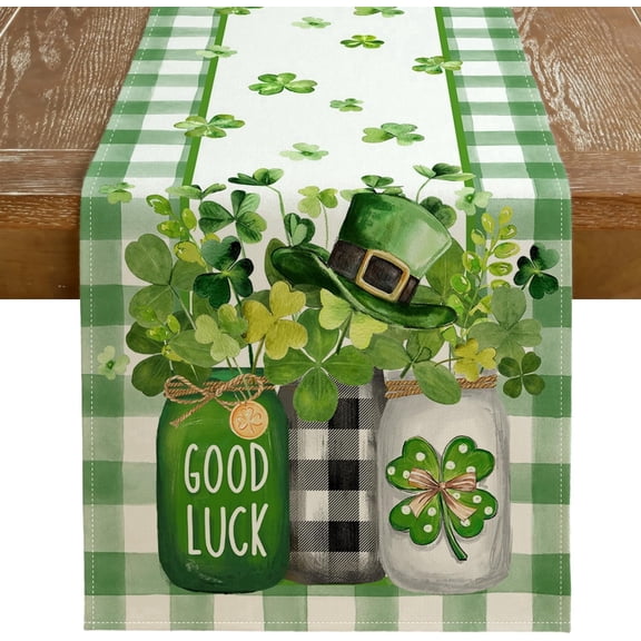 TETOU 13 x 72 Inch St. Patrick's Day Table Runner,Shamrocks Plaid Jar Holiday Table Decor for St. Patrick's Kitchen Dinning Indoor Outdoor Dinner Party Decoration
