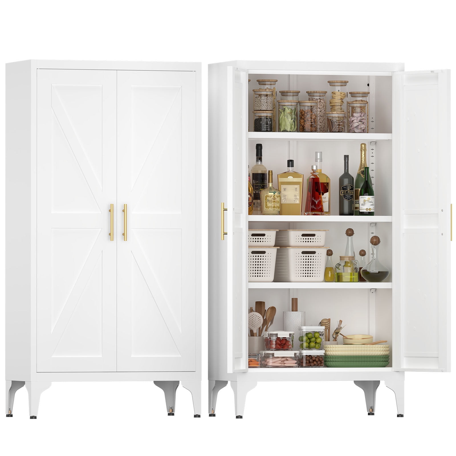 Adjustable 2 Doors Storage Cabinet, Kitchen Pantry Cabinet With Adjustable Shelves, Steel Cabinet Locker For Kitchen, Living Room, Dining Room and Office
