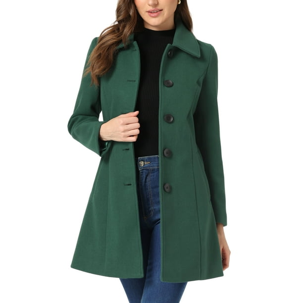 Abrigo de mujer Inspire Chic de un solo botón, de manga larga, largo hasta la túnica, abrigo de invierno con bolsillos, talla L, verde oscuro