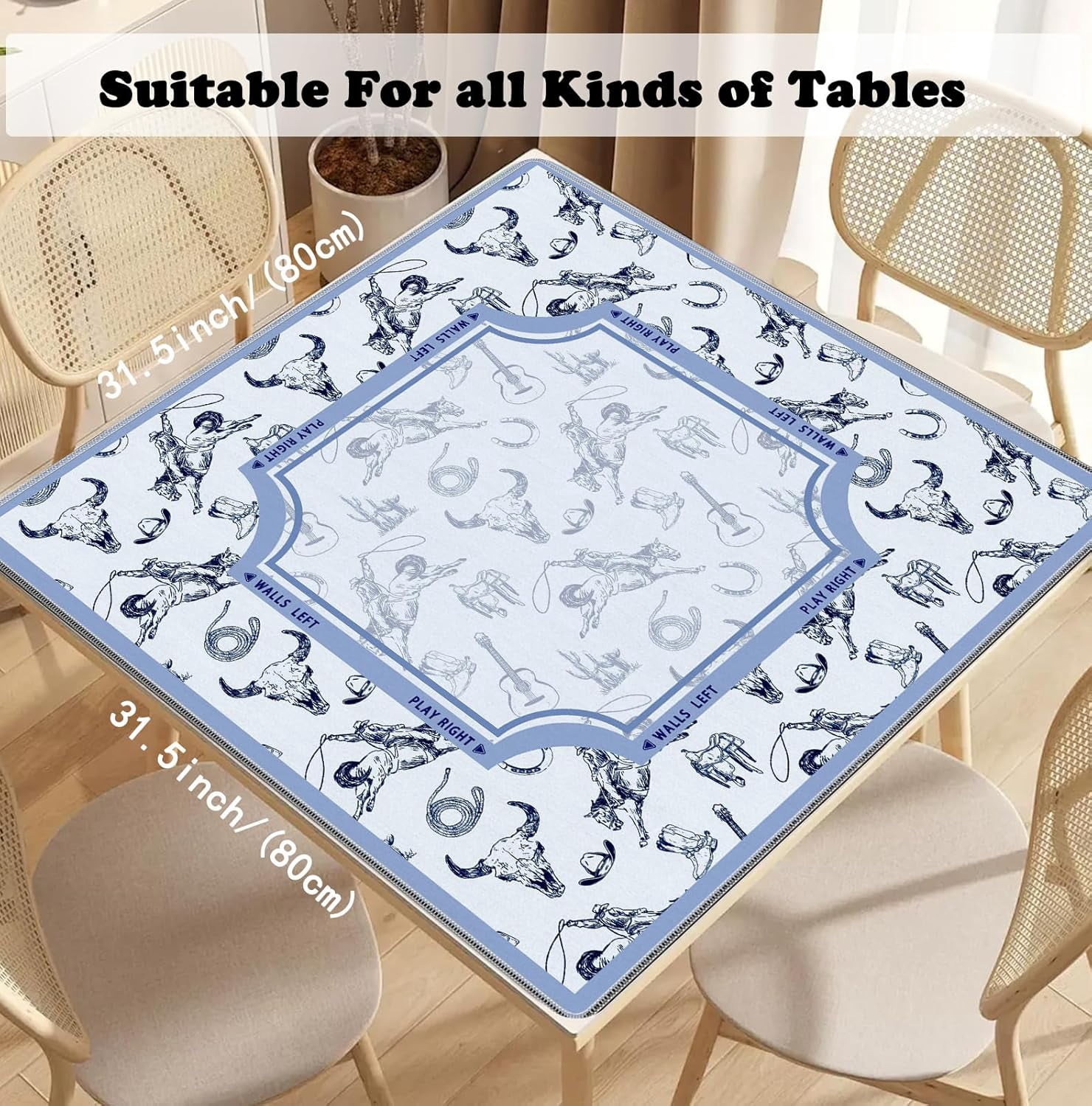 Blue Western Rodeo Cowboy Bull Skull Mahjong Mat 31.5x31.5 Inch, Non-Slip and Noise Reduction Mah Jong Table Mat Cover Gifts for Mahjong Lovers Poker Board Games Dominoes