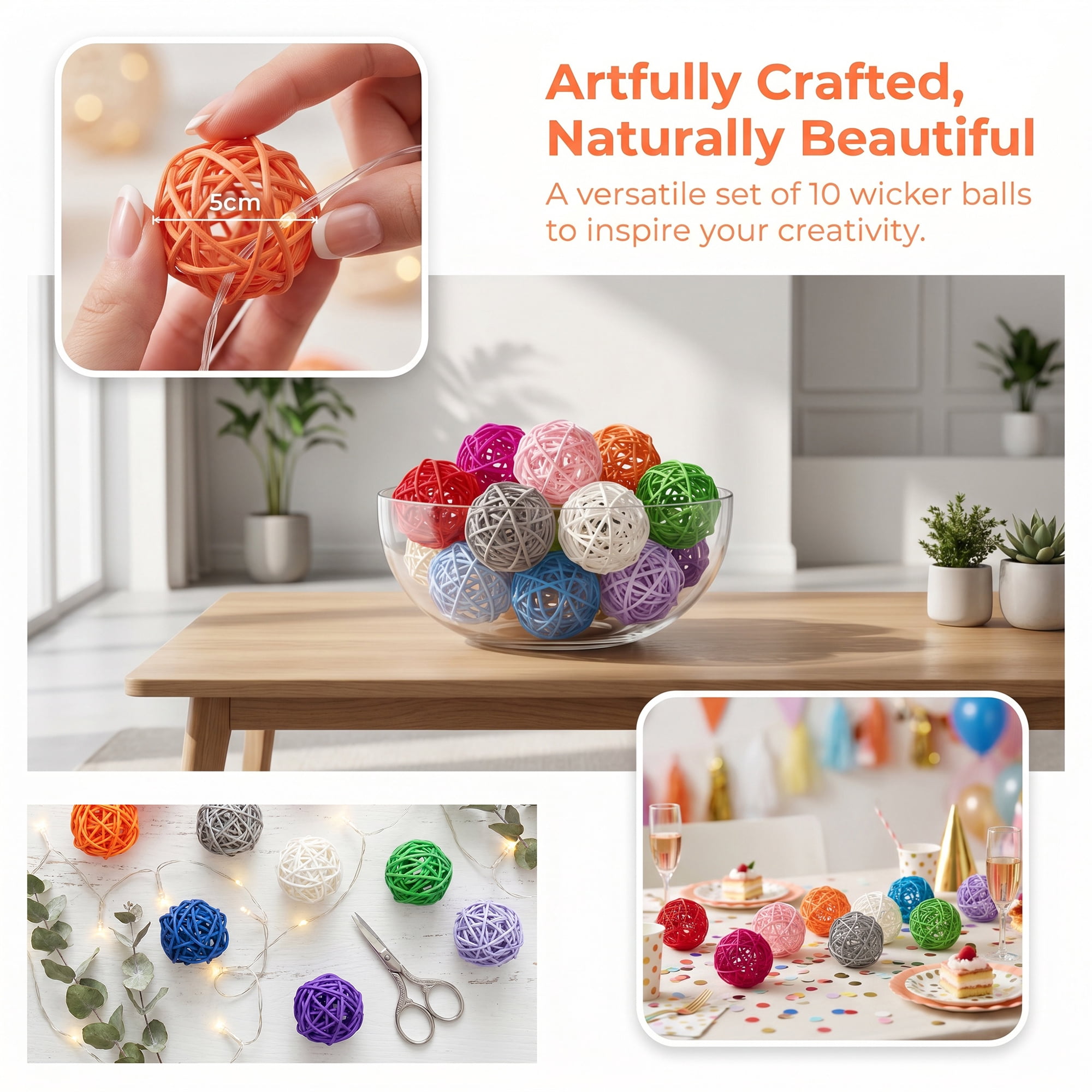 Unique Bargains 10Pcs Rattan Balls for Lights Wicker Spheres Orbs Multicolor 2"x2"x2"
