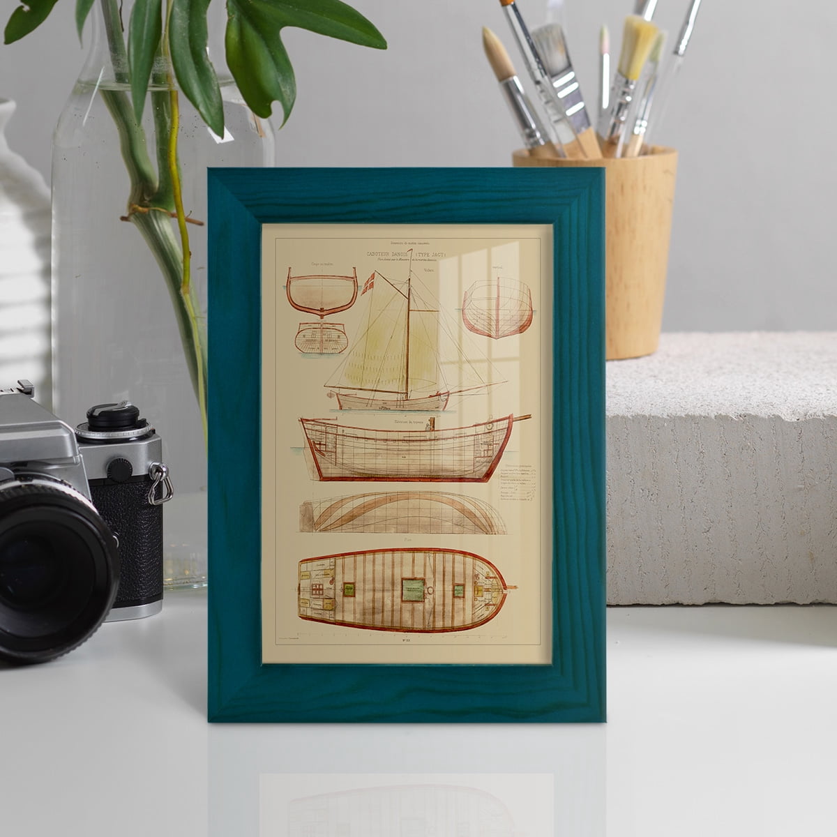 Antique Ship Plan III -Framed Print w/glass-Ocean Blue