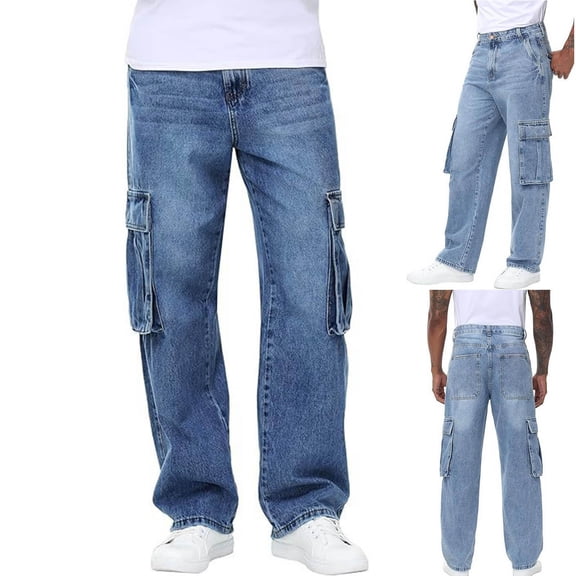 Ihhxva Men's Elastic Waist Stretchable Straight Leg Denim Jeans Solid Color Multi-Pockets Casual Daily Wear Denim Pants - Dark Blue L