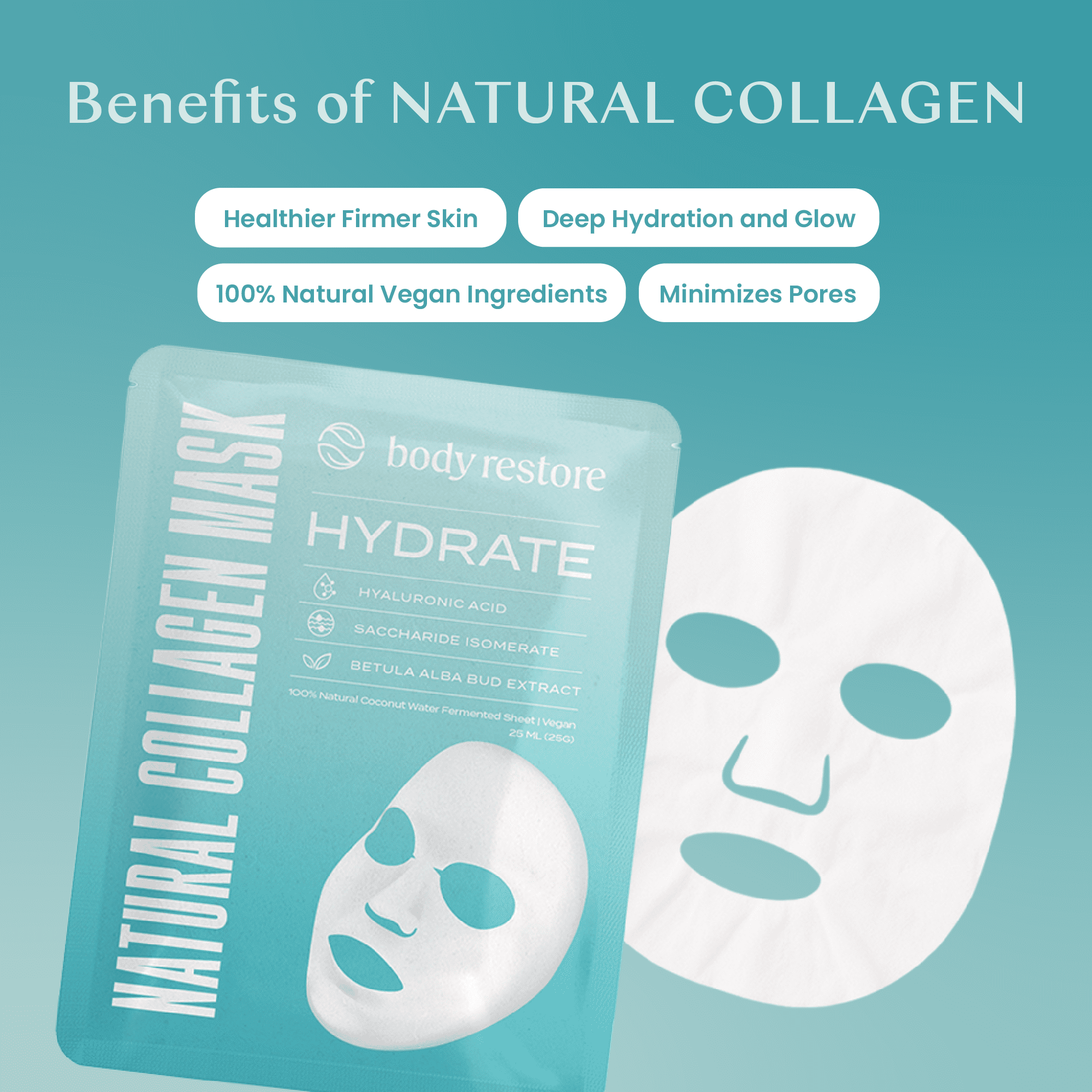 Body Restore Natural Collagen Moisturizing Korean Face Mask with Fermented Coconut Water for Dry Skin, 5 Pack, Hydrate, Suitable for Women and Men