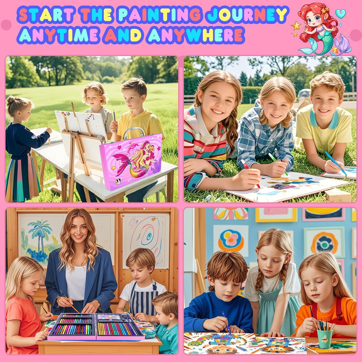 homicozy Art Supplies Kit for Kids Ages 4-12,Mermaid Art Case Coloring Set,Drawing Kits with Markers, Crayons, Colored Pencils,Oil Pastels,Coloring Book,School Supplies,Gift for Kids Artist Age 4+
