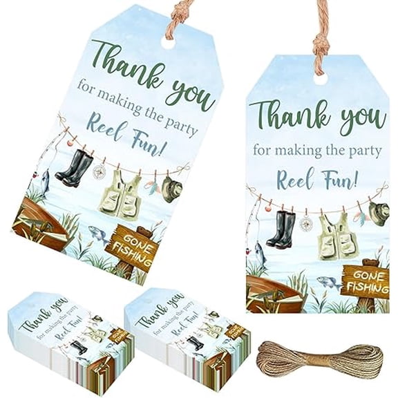 Fishing Baby Shower Decoration, 50pcs Thank You for Making The Party Reel Fun Gift Tags Gone Fishing Name Goodie Tag for A Little Fisherman Is on The Way Baby Shower Gender Reveal Decoration