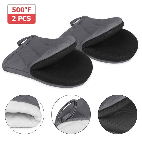 1 Pair Mini Oven Mitts, Heat Resistant Silicone Kitchen Short Oven Mitts for 500 Degrees, Non-Slip Grip Surfaces and Hanging Loop Gloves, Baking Grilling Barbecue Microwave Machine Washable,Gray