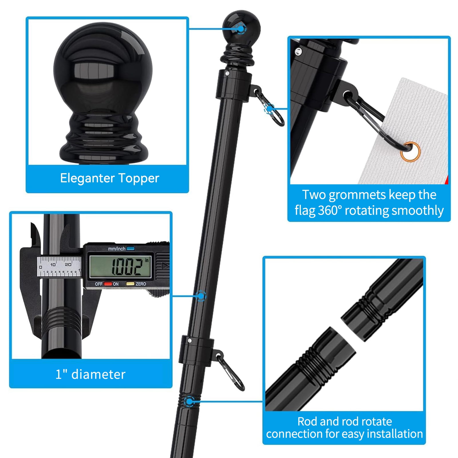 FIASON 6 FT Black Flag Pole Kit with 3x5 Ft US Flag, Tangle-Free 360° Rotating Rings, Adjustable 45°/90° Bracket, Heavy Duty Stainless Steel for Outside House Porch