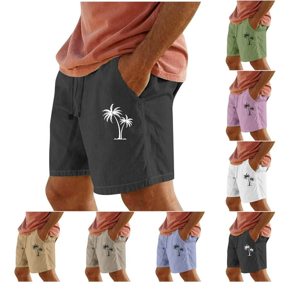 VBTAPA Prime Today Clearance! Men's Hawaiian Beach Shorts Linen Summer Shorts Lightweight Elastic Waist Vacation Short with Pockets Khaki M