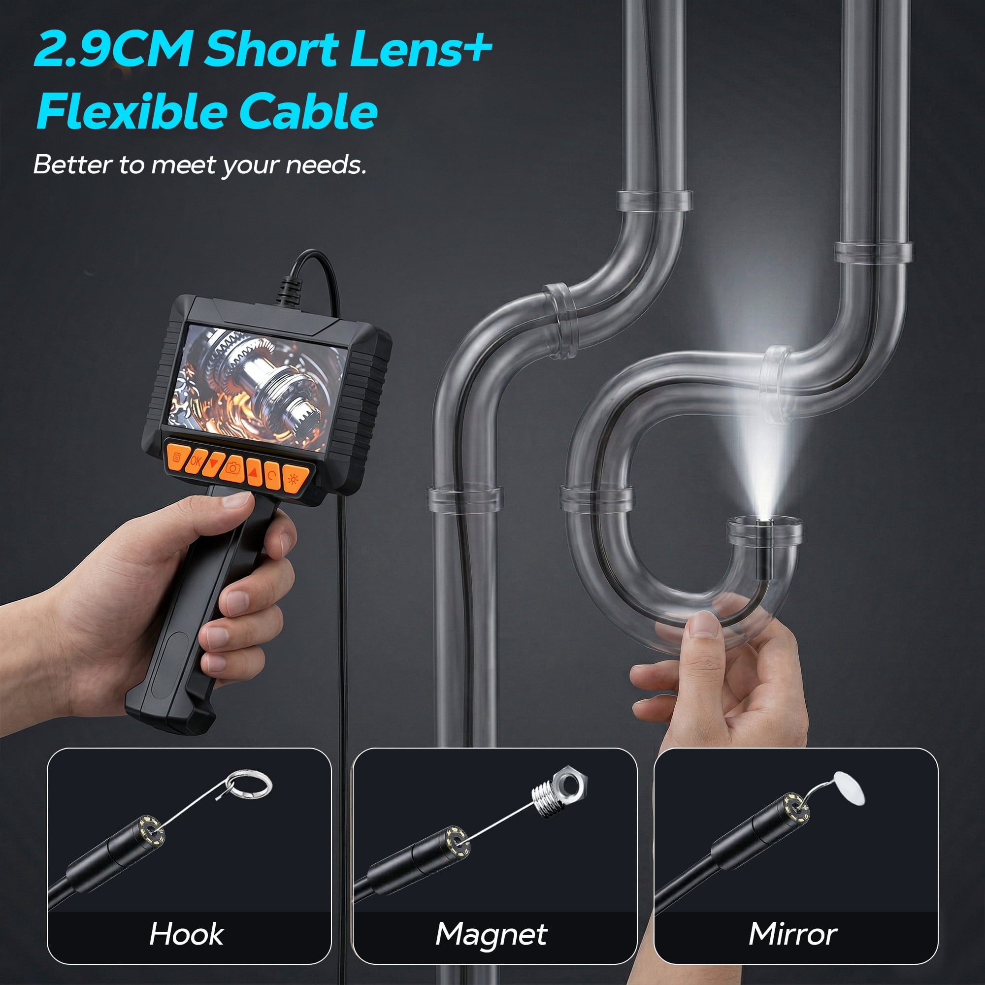 FLORAY 4.3" Borescope Inspection Camera with Light, 1080P HD Endoscope Snake Camera, 16.5 ft Semi-Rigid Cable, IP67 Waterproof, 2600mAh Rechargeable Battery, Photo Capture Function