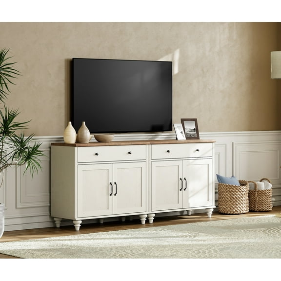 White Entertainment Center TV Console Table with 4 Doors and 2 Drawers, Suitable for 75 inch TV, Farmhouse Style Wood Universal TV Stand with Storage Cabinets for Living Room and Bedroom