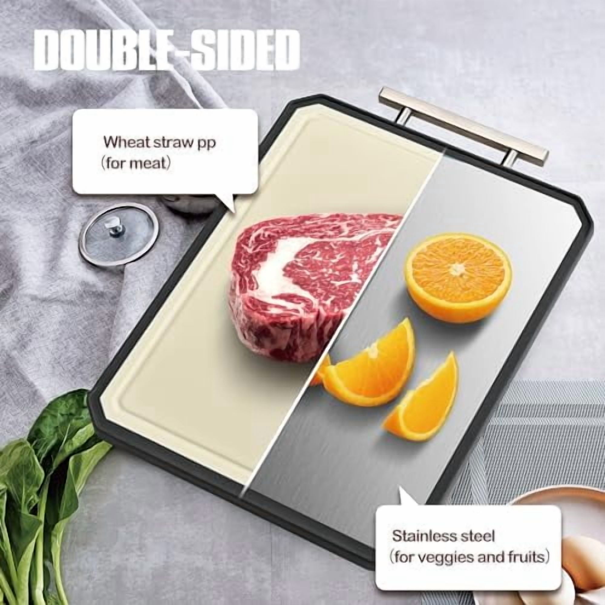 SNOWCLAD Stainless Steel Cutting Board,Double Sided Steel Cutting Board Set for kitchen,Stainless Steel/Wheat straw pp Large for meat,Dishwasher Safe [16 * 11+12 * 8.3 Inch]