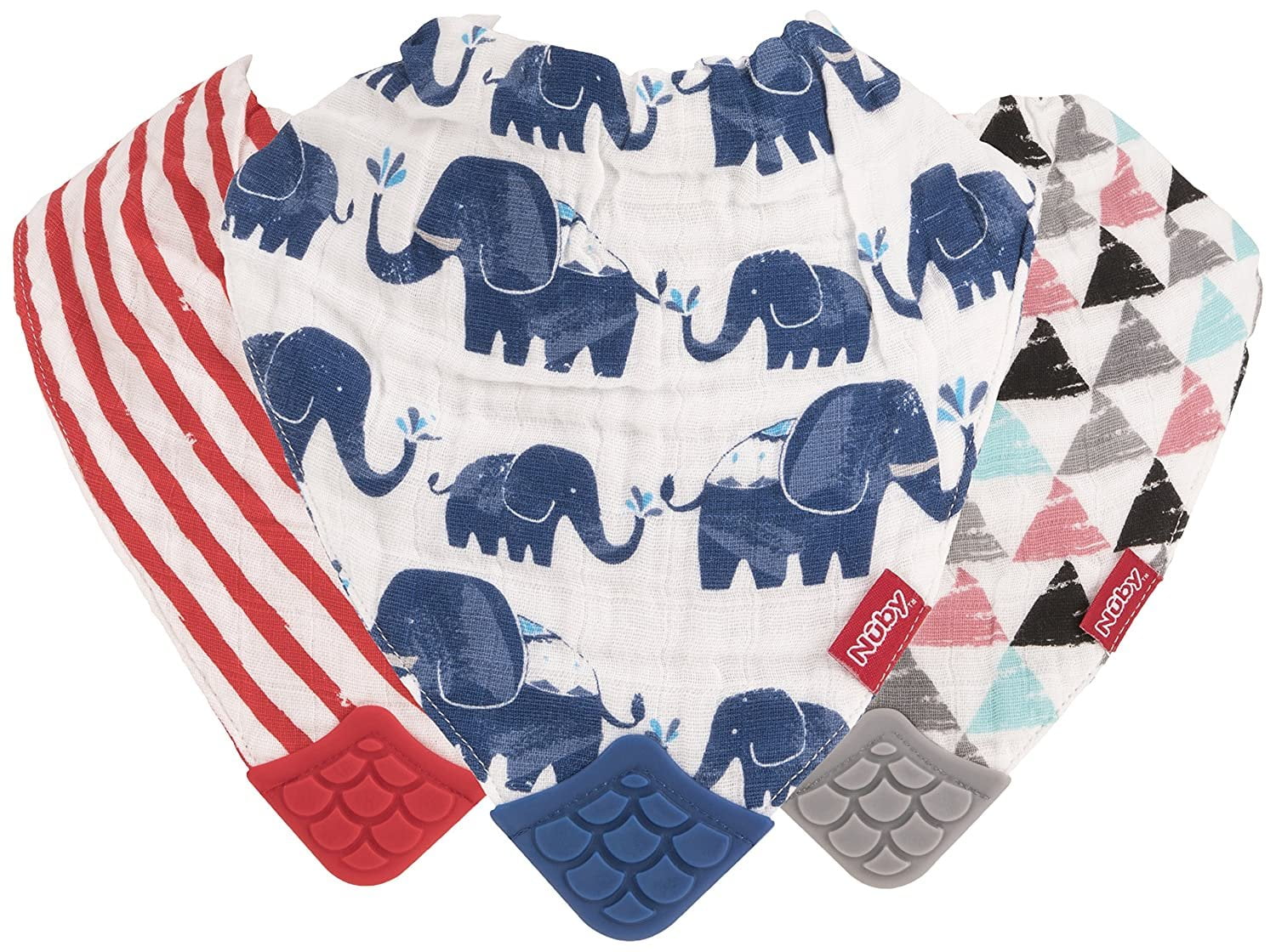 Nuby 100% Natural Cotton Muslin Teething Bib - 3 Pack, Arrows/Red Stripes/Elephants