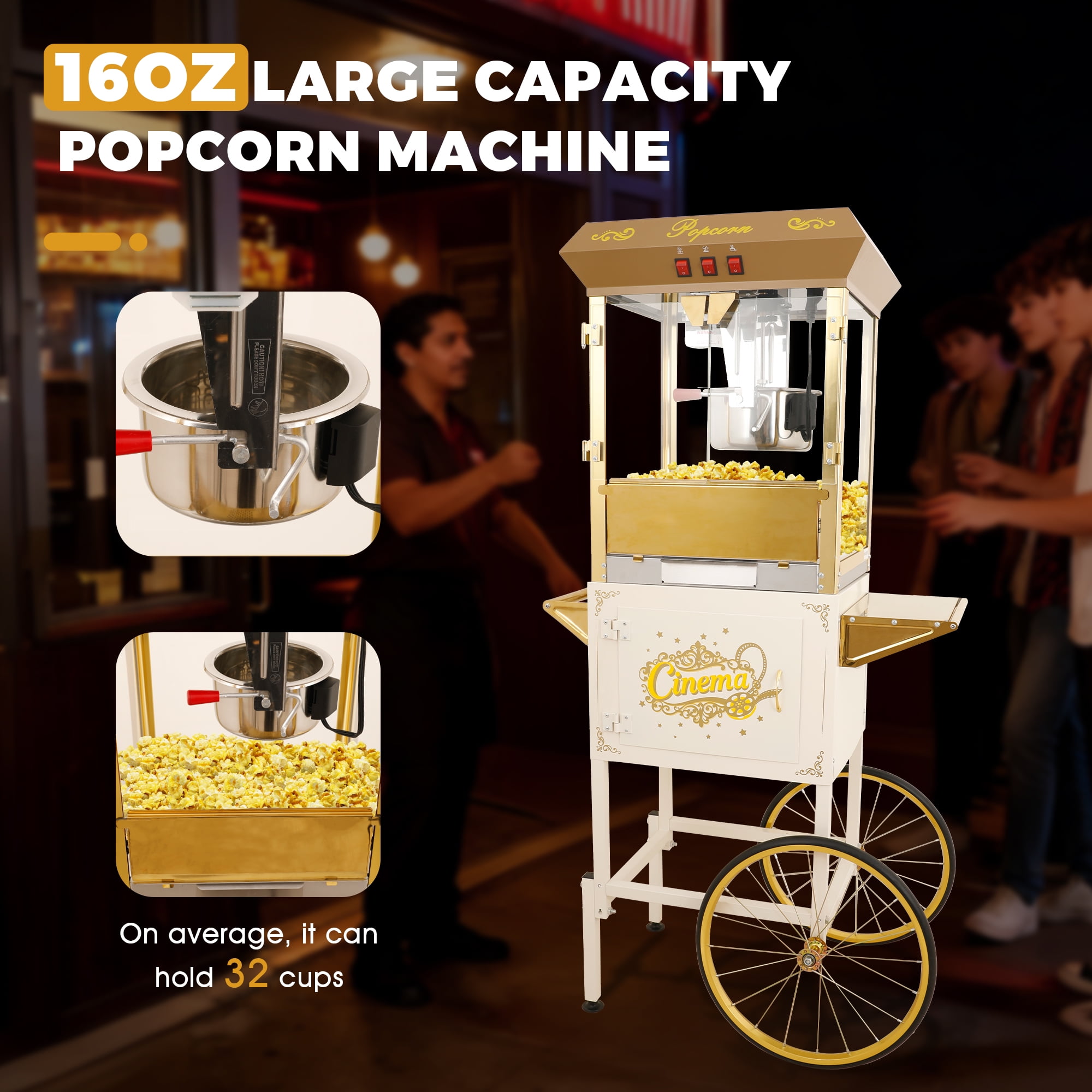 Miniyam 16 oz Commercial Popcorn Machine with Cart, High-Power 850W Popcorn Maker with Stainless Kettle, Clear Viewing Panels, Warming Light & Storage Cabinet, White
