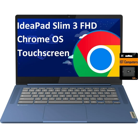 Lenovo IdeaPad Slim 3 14" Chromebook Laptop (14" FHD Touchscreen, 8-Core MediaTek Kompanio 520, 4GB RAM, 128GB(64GB eMMC 64GB SD)), Webcam, 13.5-Hrs Long-Battery Life, IST Card, Chrome OS, Abyss Blue