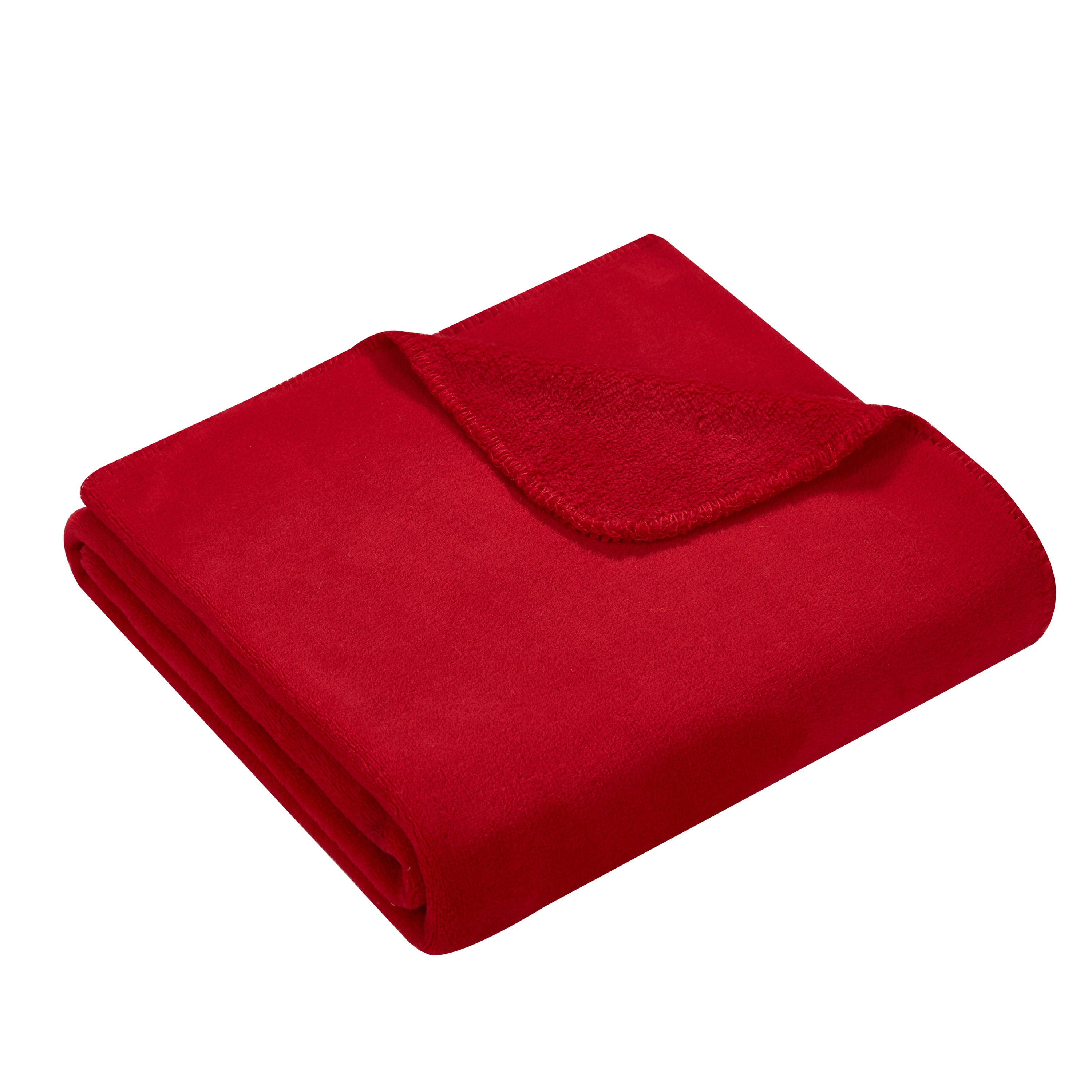 Mainstays Fleece Plush Throw Blanket, 50" x 60", Set of 2, Red Solid, Green and Blue Plaid
